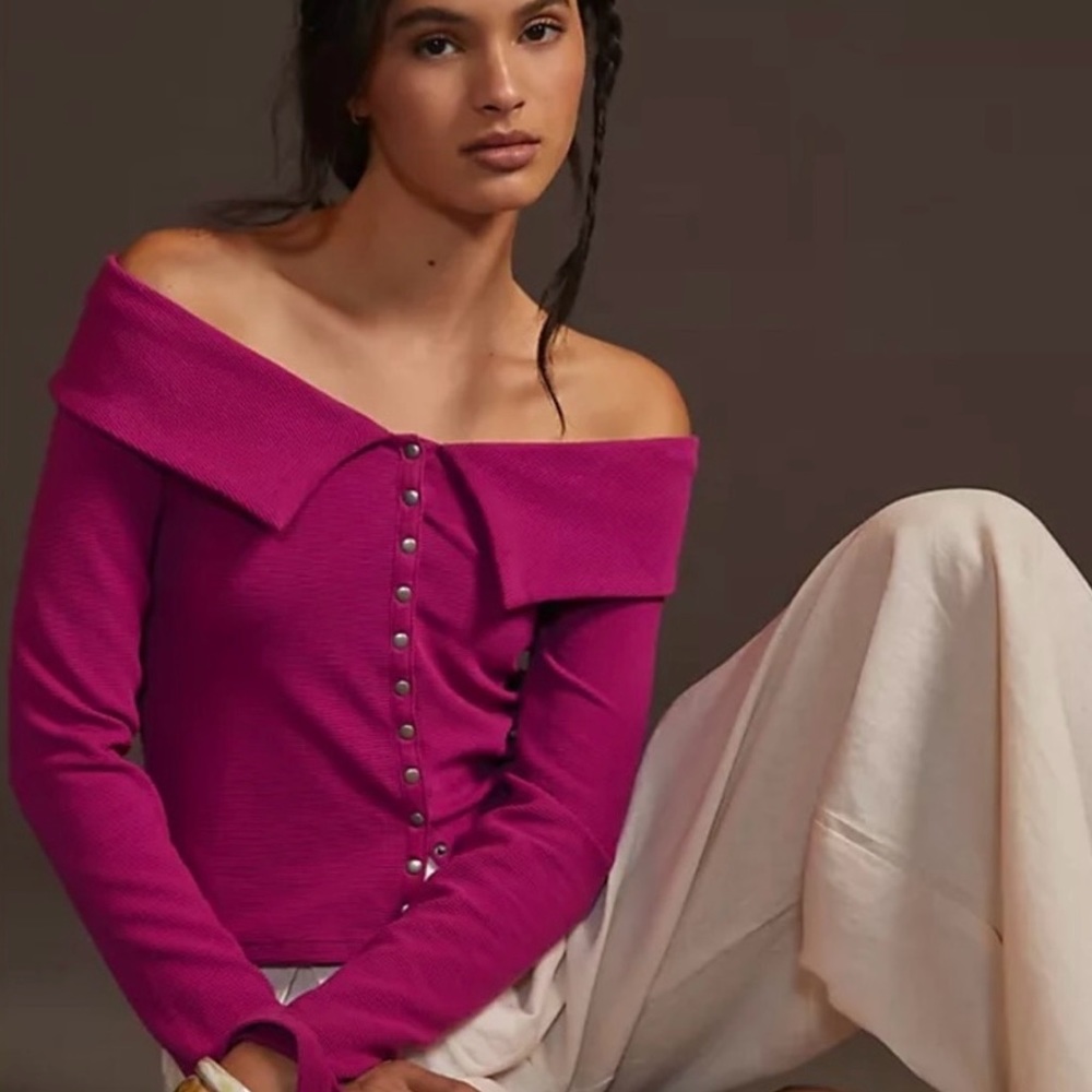 Maeve Off-Shoulder Button-Front Magenta Top